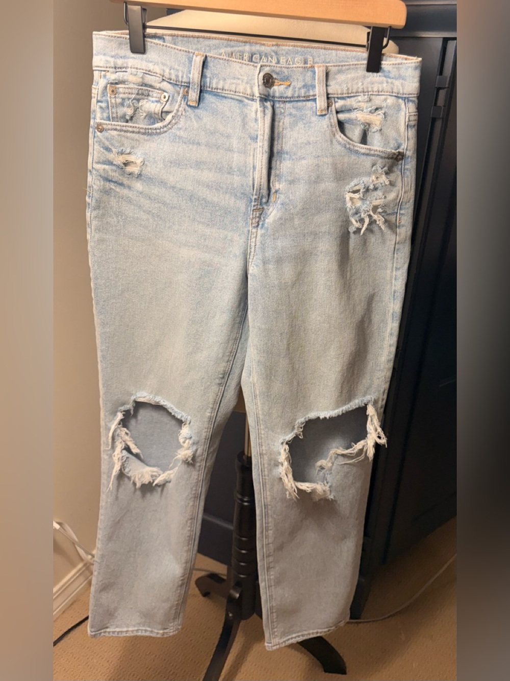American Eagle Outfitters Light Wash Ripped Super High-rise Ankle Straight Jeans